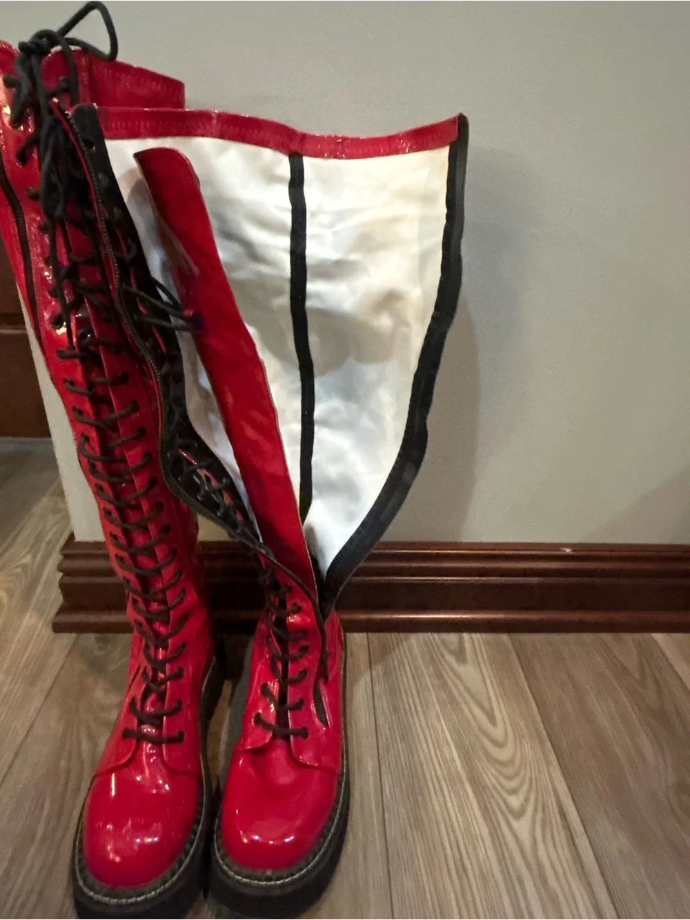 Demonia Emily-375 Red Patent Knee High Platform Lace Up Boots Womens 12
